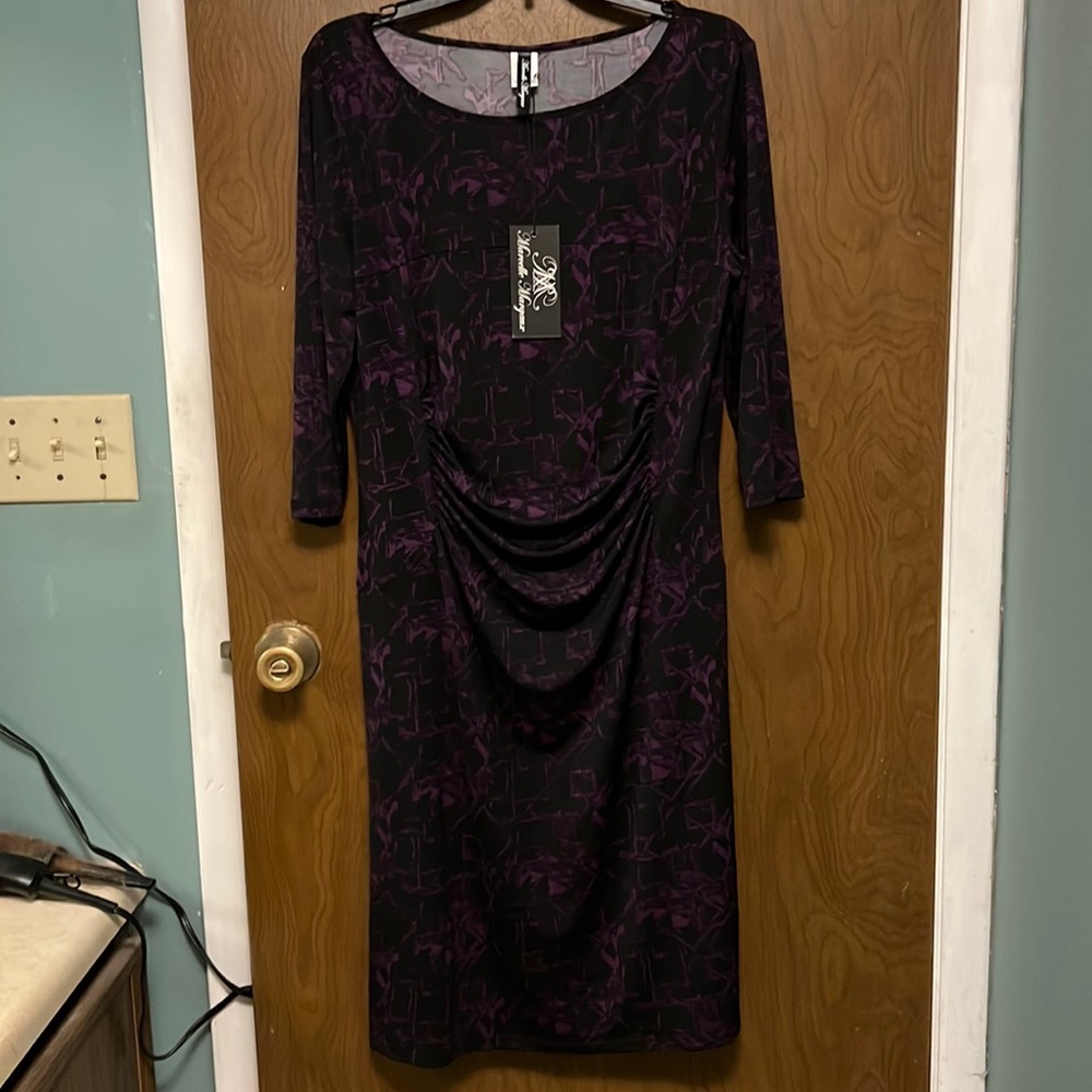 NWT Marcelle Margaux black and purple 3/4 length sleeves dress size L